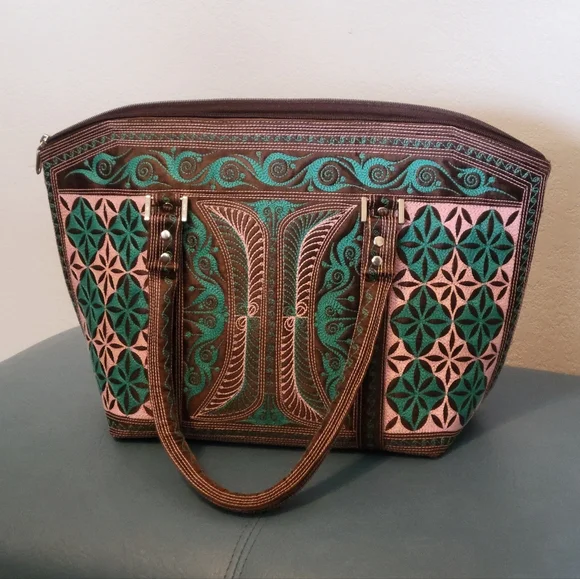 NWOT Banda Bags Tote Bag Brown, Pink and Green - Picture 2 of 8